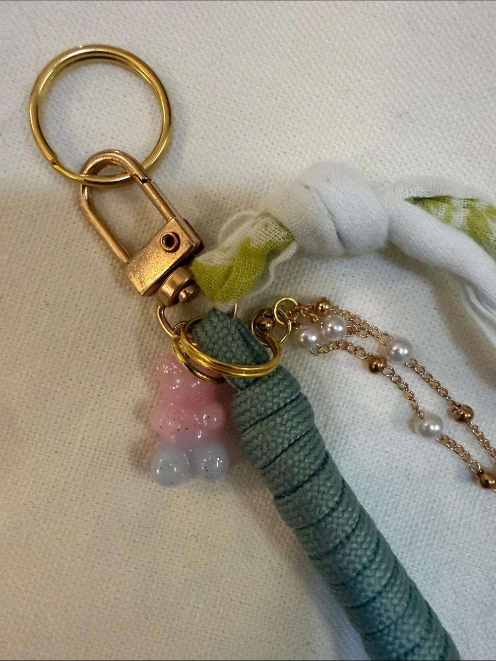 Gold Hardware Green Tassel Keychain bag charm with Bead & Scarf Accent handmade